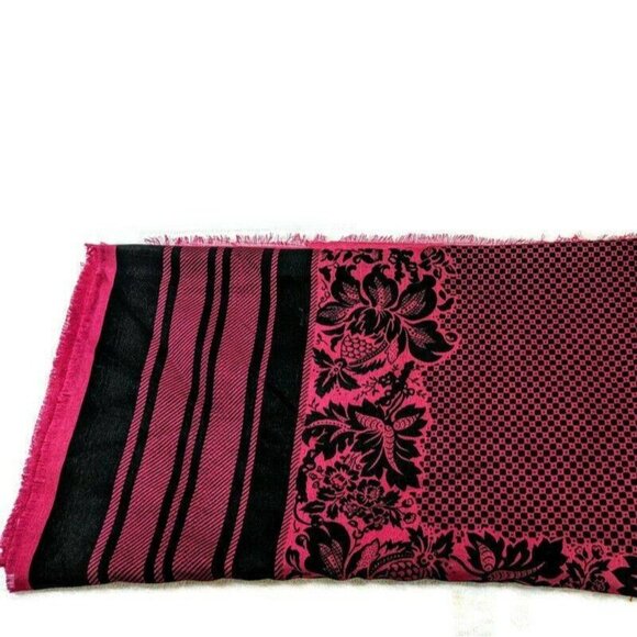 Pink & Black Jacquard Patterned Scarf With Floral & Polka Dot Design 8d - Picture 2 of 6